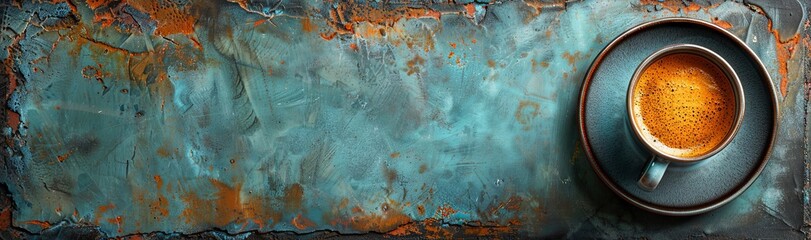 a shot of a coffee cup on a plate of black matt, in the style of dark turquoise, rustic texture, panoramic scale, shaped canvas, decorative backgrounds. Generative AI