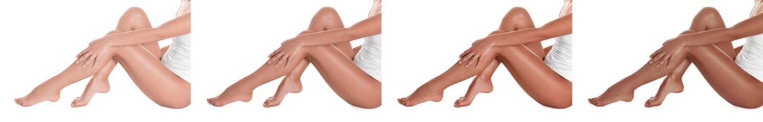 Woman with beautiful legs on white background, closeup. Collage of photos showing stages of...