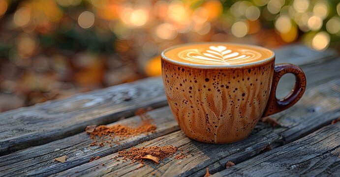 a photo of a cup of coffee latte latte art and pattern on top of an outdoor wooden table, in the style of motion blur panorama, dark white and light brown. Generative AI