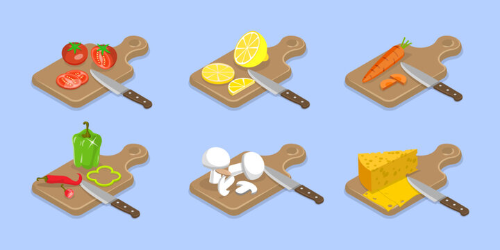 3D Isometric Flat Vector Set of Cooking Food Process, Meat, Fish, Vegetable Chopping Slices on a Board