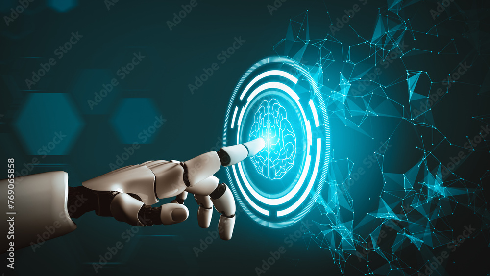 Poster xai 3d rendering futuristic droid robot technology development, artificial intelligence ai, and mach