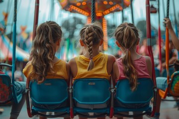 Back view of three girls on amusement ride chairs during sunset