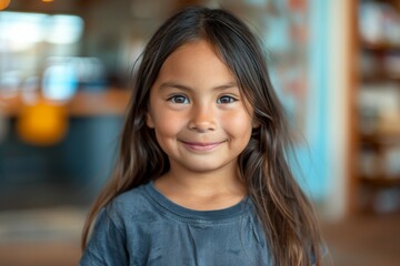 A young girl with long brown hair is smiling at the camera
