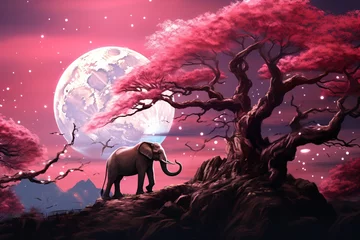 Schilderijen op glas an elephant standing on a hill with a tree and a full moon © Doina