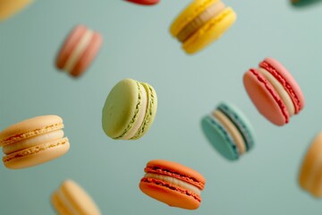 Various colorful macarons floating on the air isolated, macarons floating, macarons background, macarons background for banner,  colorful macarons floating, biscuits floating, biscuits background
