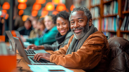 A senior man with a gray beard and a genuine smile is looking at the camera, sitting in a row with diverse, focused people working on laptops in a contemporary workshop setting.