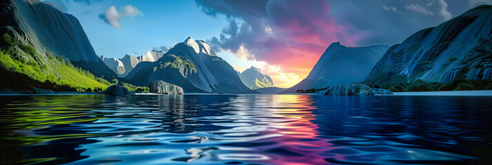 Majestic Mountain Landscape by the Lake, Scenic Travel Destination, Beauty of Nature in Scandinavia