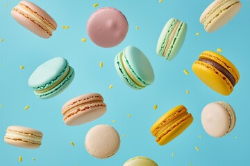 Various colorful macarons floating on the air isolated, macarons floating, macarons background, macarons background for banner,  colorful macarons floating, biscuits floating, biscuits background