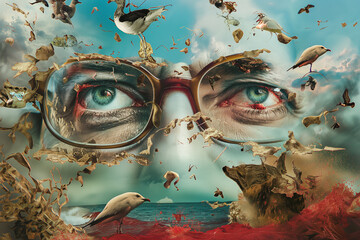 A surreal combination of crumbling pince-nez, smeared with glasses, animals, brush and red sea, AI generated - obrazy, fototapety, plakaty