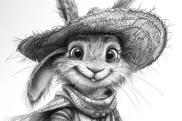 Cute Rabbit character in a hat on a white background. Pencil drawing. Illustration