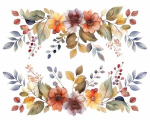 Watercolor autumn floral garland, leaves and flowers in muted colors, simple design, isolated on white background, clipart with empty space for text. - obrazy, fototapety, plakaty