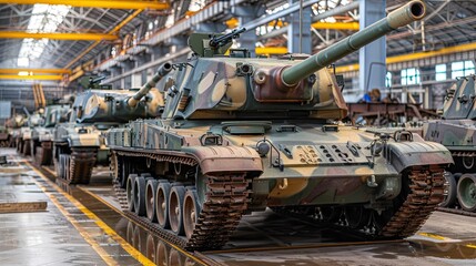 A lot of tanks are standing inside the hangar. Exhibition of military equipment. Shop for finished products or repair. Illustration for cover, card, postcard, interior design, decor or print.