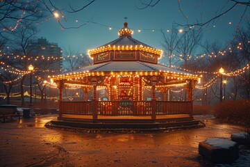 A serene, beautifully lit gazebo stands out in a tranquil park setting as evening descends and lights twinkle warmly