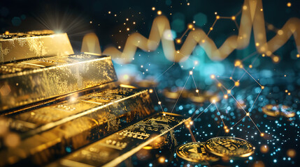 Gold bar stack and investment stock graph business concept on gold particles background with growth financial money exchange chart coin treasure 