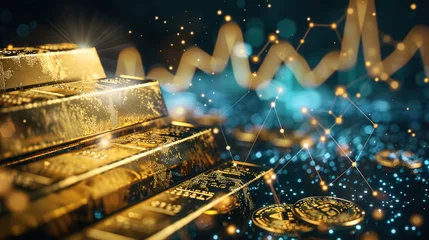Foto op Plexiglas Gold bar stack and investment stock graph business concept on gold particles background with growth financial money exchange chart coin treasure  © Uwe