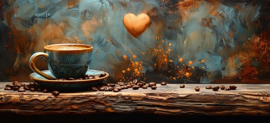 coffee bean cup and mug on table, in the style of smokey background, humor meets heart, shaped canvas, atmospheric environment, wood. Generative AI - obrazy, fototapety, plakaty