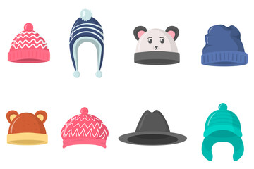 Collection of winter or autumn hats in flat style. Knitted hat, caps for girls and boys in cold weather isolated on white background. Web page design element icon. Vector illustration