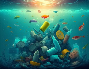 Oceanic Pollution: Underwater View of Plastic Waste Tainting the Sea