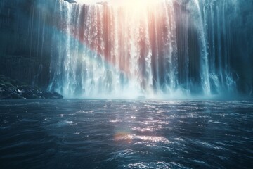 A waterfall cascades into a river, with sunlight piercing through the water - obrazy, fototapety, plakaty