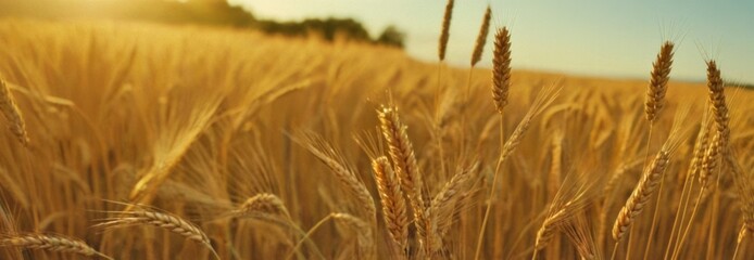Naklejka premium Golden wheat field, sunny day in summer. Wide banner