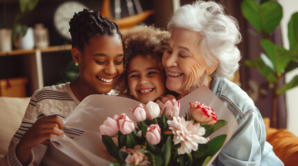 Heartwarming moment as grandmother hugs her granddaughters, who present her with tulips to celebrate International Women's Day.