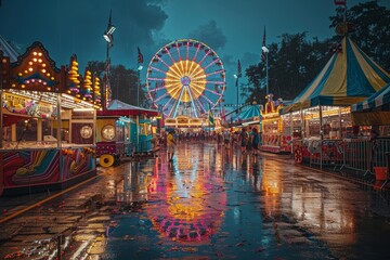 Visitors wander through a drenched funfair as the Ferris Wheel's lights pierce through the twilight sky