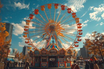 Clear blue skies complement the vibrant red and yellow Ferris wheel in a city park bustling with people