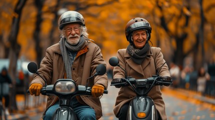 A senior couple, both wearing helmets and warm autumn attire, ride scooters side by side down a tree-lined avenue covered in fallen leaves, their faces alight with joy.