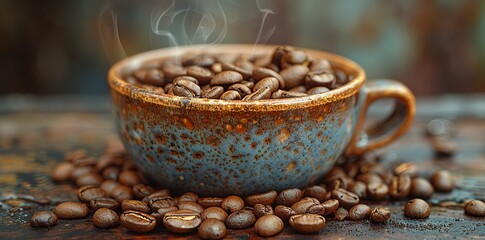 coffee beans on the table with a cup and spoon in the background, in the style of wood, smokey background. Generative AI