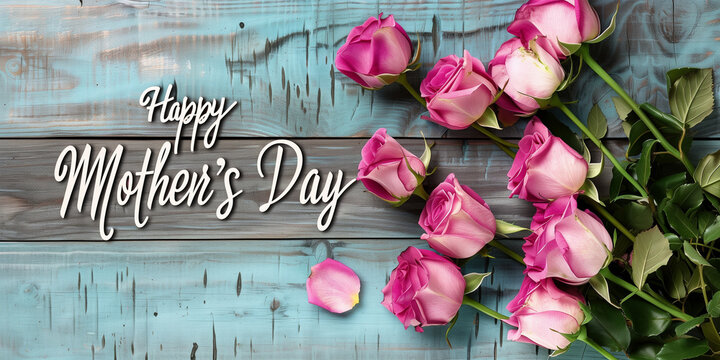 Elegant Happy Mother's Day calligraphy with a bouquet of pink roses on a rustic wooden background. Celebrate motherhood with this charming image.