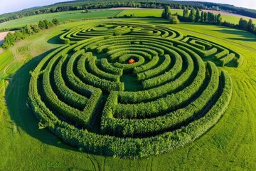 Naklejka premium An intricate circular maze stands out in the middle of a lush green field, creating a mesmerizing aerial view