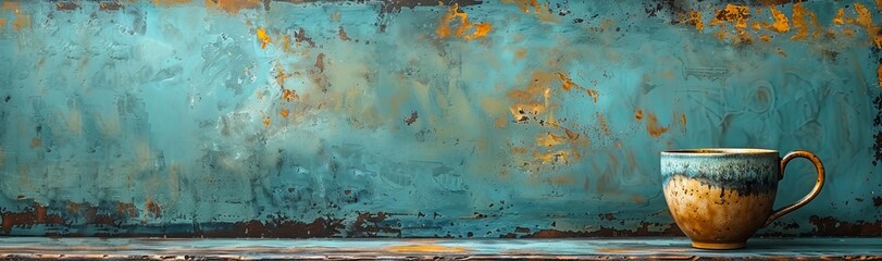 coffee cup on a black surface, in the style of light aquamarine and navy, rustic texture, panoramic scale, shaped canvas. Generative AI