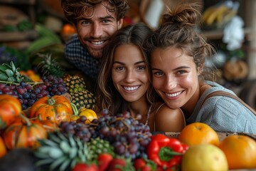 A joyful couple closely posing with a wide selection of fresh fruits and vegetables