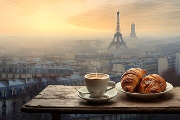 a cup of coffee and croissants on a table with a view of the eiffel tower
