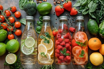 Clear glass bottles filled with fruit-infused water surrounded by fresh fruits and herbs on a dark background - Powered by Adobe
