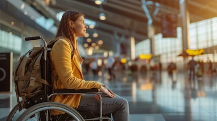 Woman in Wheelchair Waiting at Airport near the gate - obrazy, fototapety, plakaty