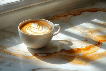 coffee cup with latte with sunrays near an artificial light, in the style of lovely, shaped canvas, marbleized, modern and sleek. Generative AI - obrazy, fototapety, plakaty