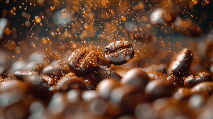 coffee flying over the coffee beans, in the style of expressionist imagery, uhd image. Generative AI