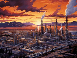 aerial top view of an expansive industrial complex at sunset. Chemical oil refinery plants and power plants sprawl across the landscape, with metal pipes crisscrossing the scene.  - obrazy, fototapety, plakaty