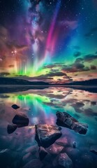 Aurora reflects in lakes water, merging with liquids surface