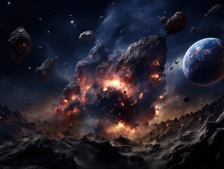 cosmic landscape filled with the chaos of space as asteroids plummet toward a distant planet. Explosions light up the void as comets collide in a spectacular display of cosmic fireworks.