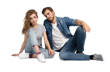 Cheerful young couple sitting with back to each other on floor, smiling happily. isolated on transparent 