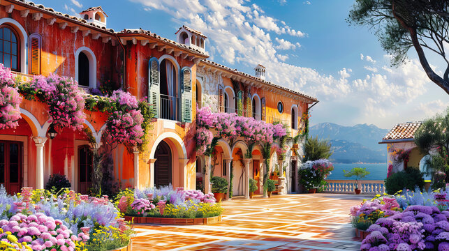 Fototapeta Mediterranean Elegance, Vibrant Streets and Flower-Laden Houses, Greek Summer Dream