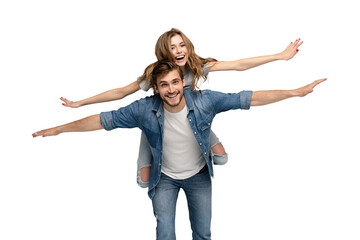 Pretty lady handsome guy couple carry piggyback meet adventures playful mood in love forever wear...