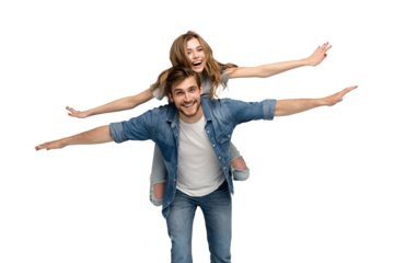 Pretty lady handsome guy couple carry piggyback meet adventures playful mood in love forever wear casual denim shirts outfit isolated on transparent  background