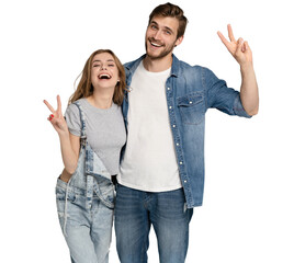 two amazing beautiful people lady handsome guy stand side by side showing v-sign symbols hands hugging wear casual denim shirts outfit clothes isolated on transparent  background - 769068074