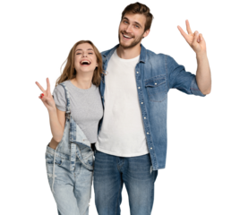 two amazing beautiful people lady handsome guy stand side by side showing v-sign symbols hands hugging wear casual denim shirts outfit clothes isolated on transparent  background