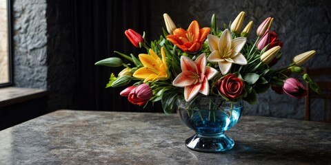  Vase with colorful flowers on marble counter, near window