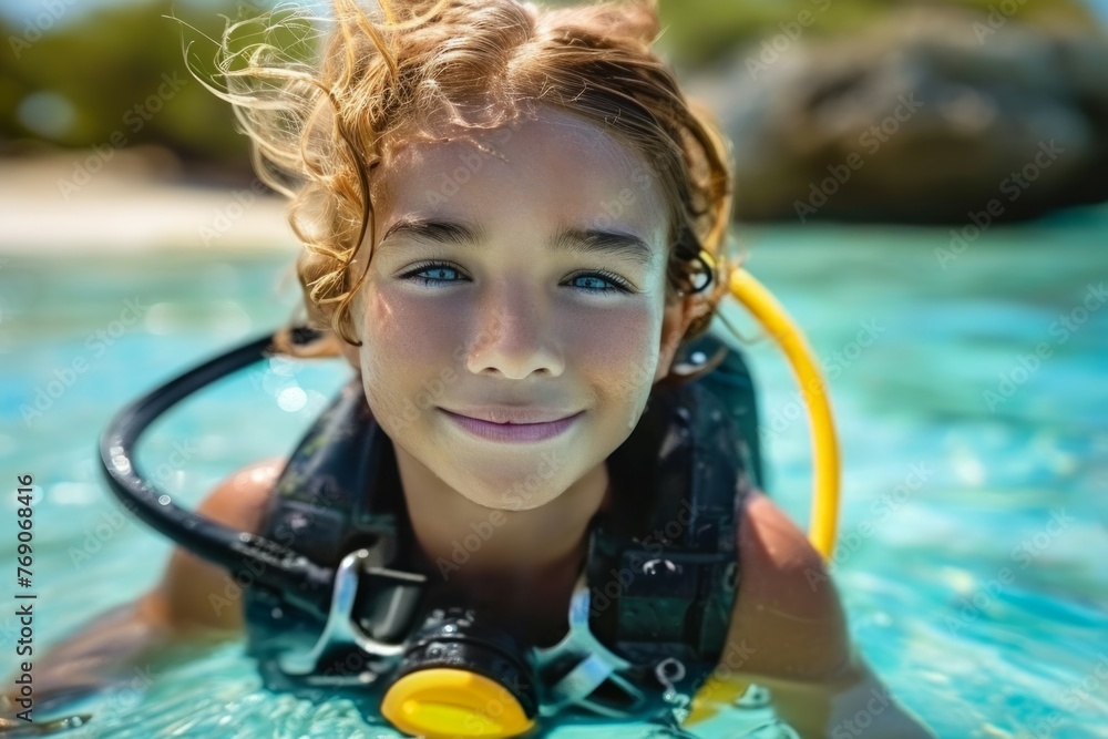 Poster child at diving lessons. background with selective focus and copy space