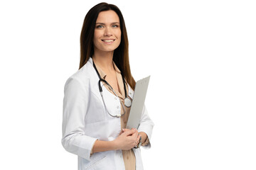 Portrait of an attractive young female doctor in white coat on transparent 